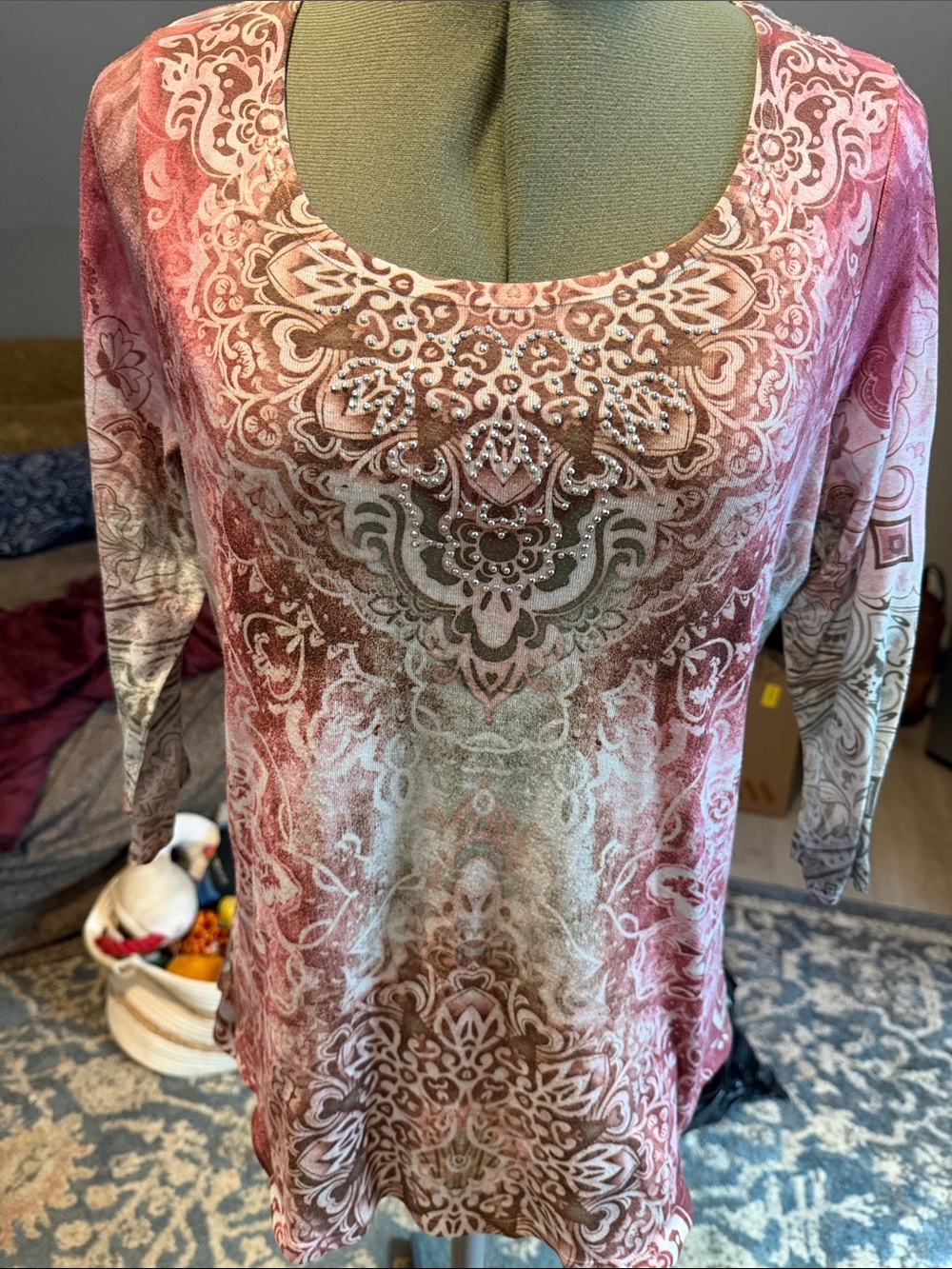 World Unity Embellished Scoop-Neck Tunic in Rose and Taupe